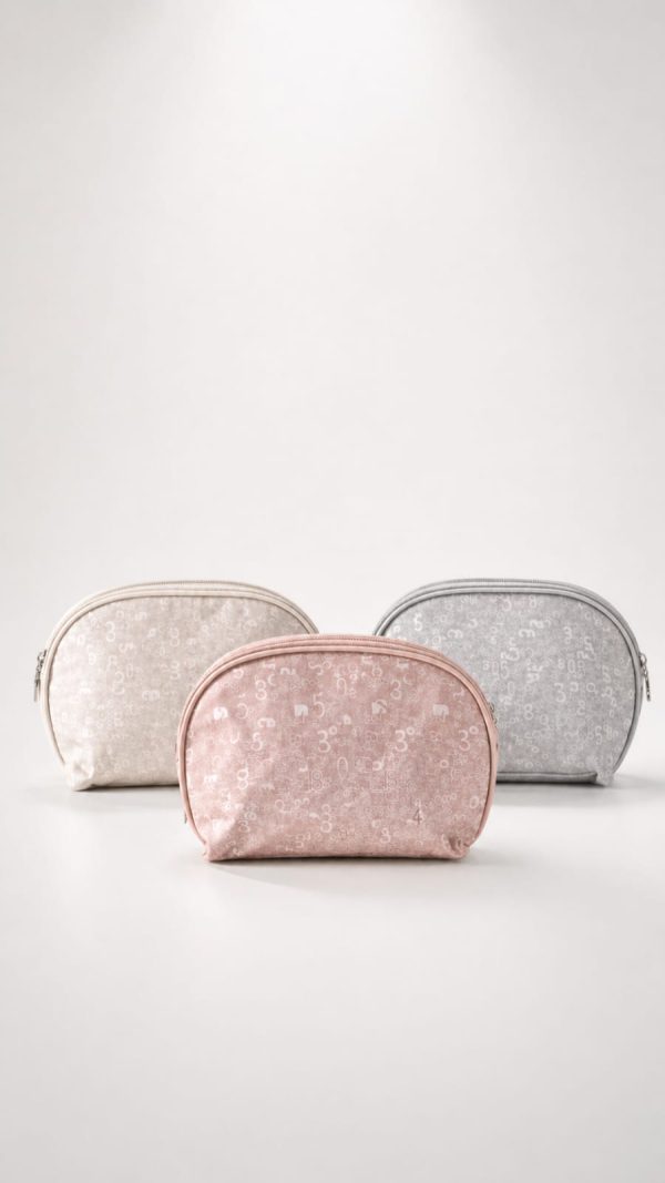 Cosmetiquera semi ovalada relieve numeros (rosa,gris,blanco perla)