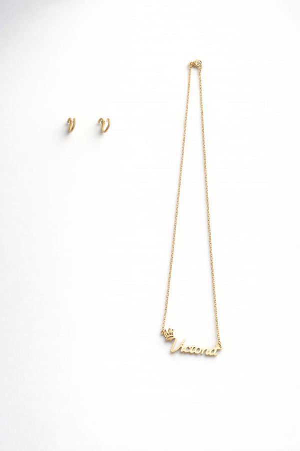 Juego cadena arete dije personalizado dorado (Valeria,Victoria,Maria)