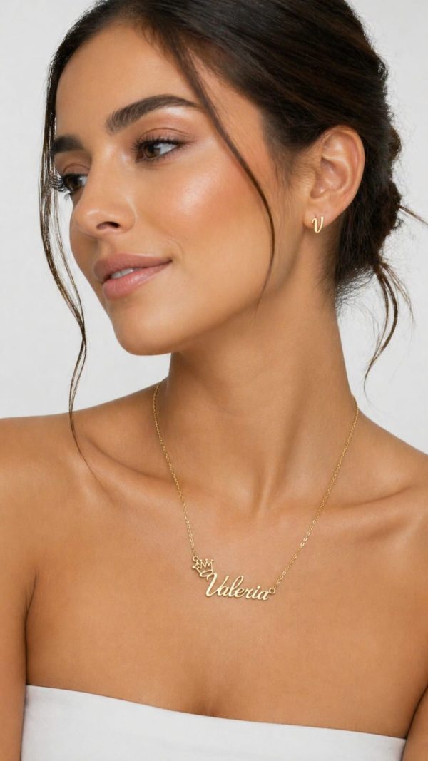 Juego cadena arete dije personalizado dorado (Valeria,Victoria,Maria)