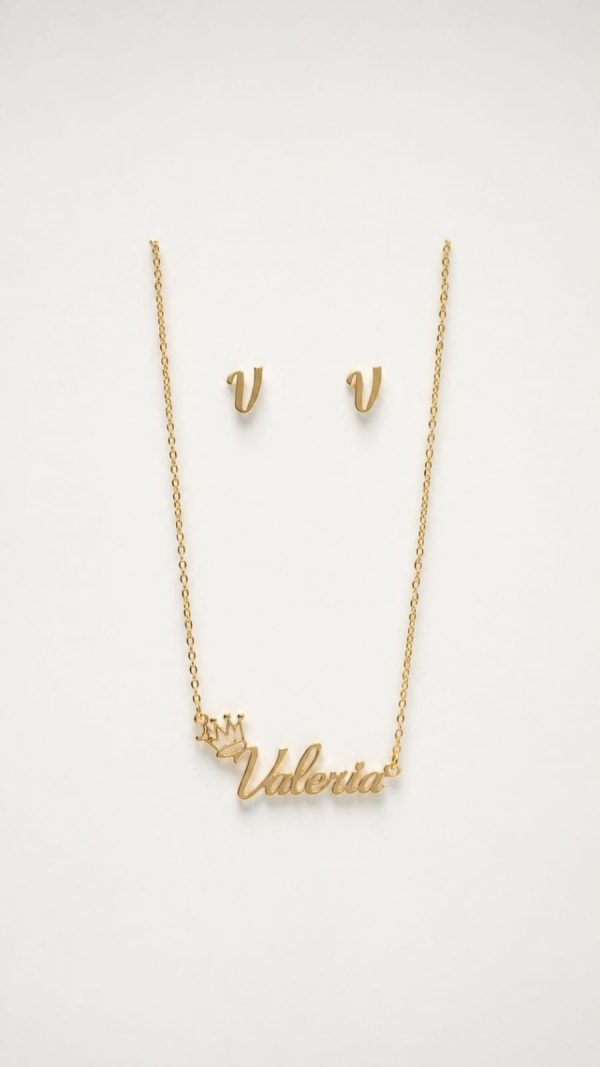 Juego cadena arete dije personalizado dorado (Valeria,Victoria,Maria)