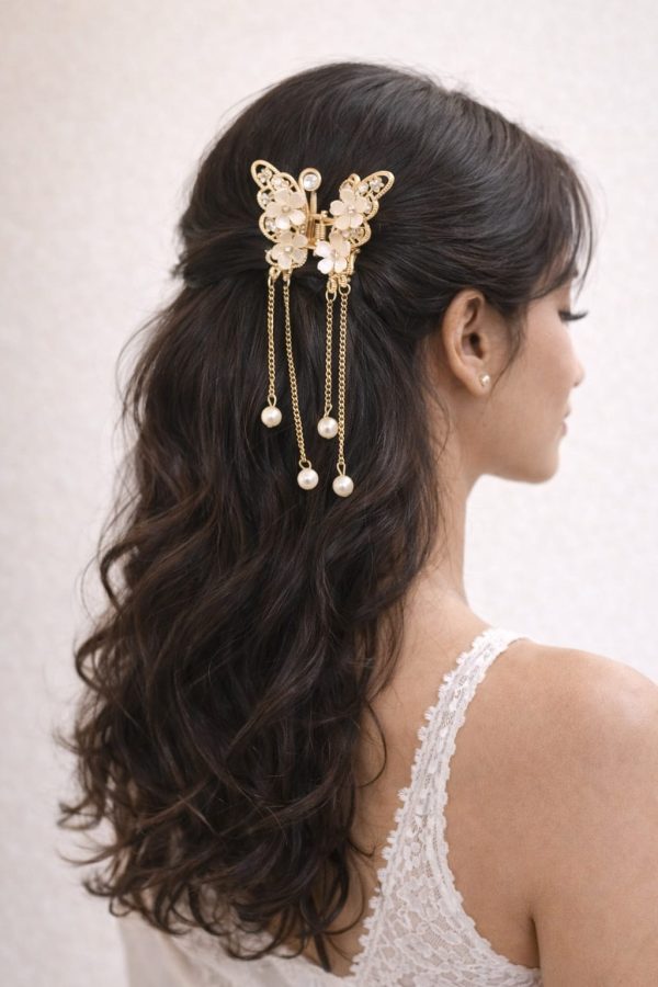 Vincha metálica diseño mariposa con flores