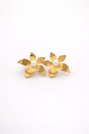 Arete hoja perla dorado