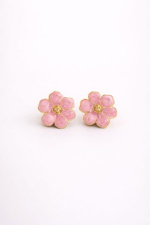 Arete flor redonda fucsia bordes dorado
