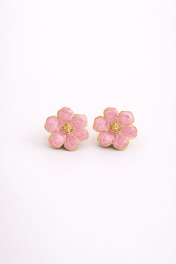 Arete flor redonda fucsia bordes dorado