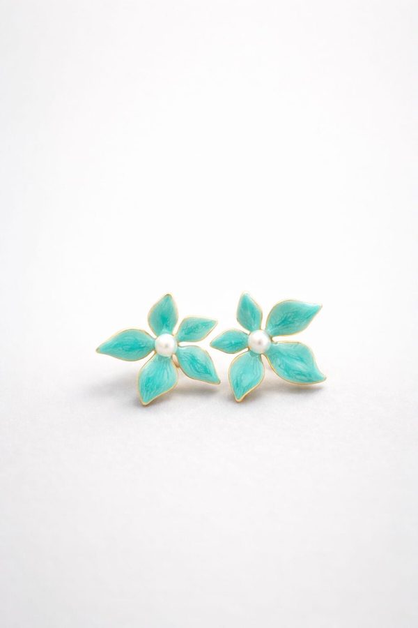 Arete flor turqueza perla bordes dorados