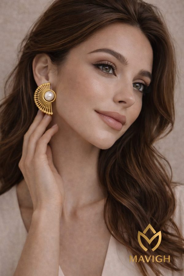Arete abanico perla dorado
