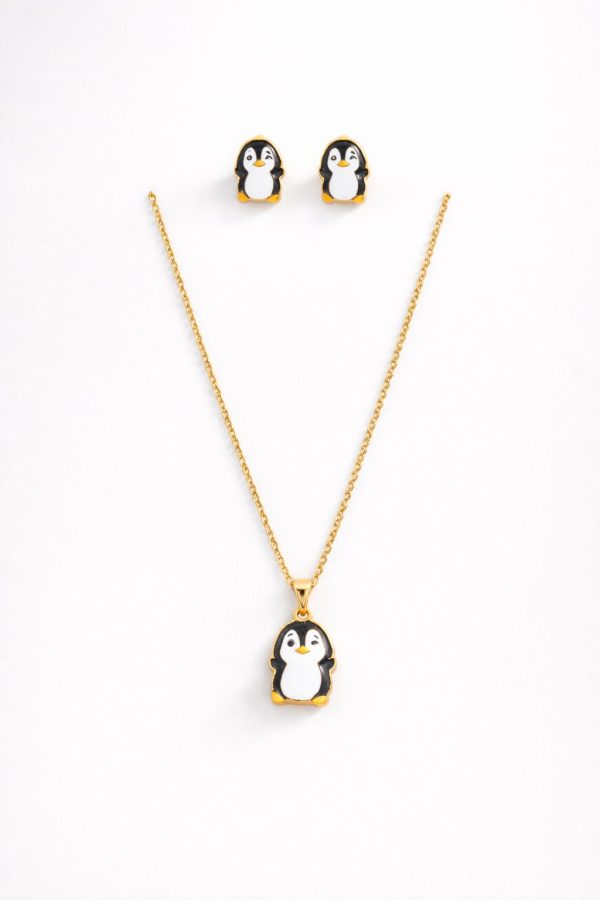 Juego cadena arete pingüino dorado