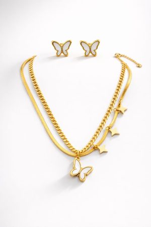 Juego cadena arete mariposa blanco dorado