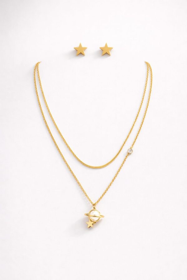 Juego cadena arete estrella luna dorado