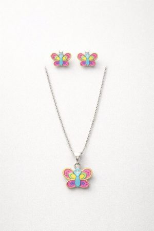 Juego cadena arete mariposa niña plateado (rosado,celeste)