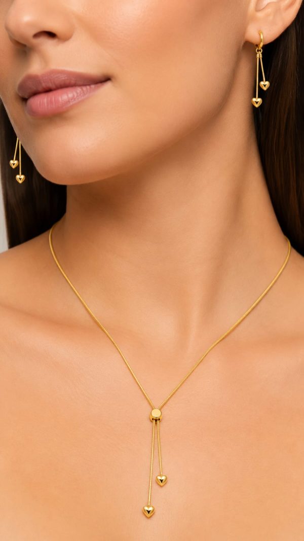Juego cadena arete diseño corazon ajustable dorado