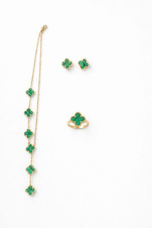Juego cadena arete y anillo trebol verde dorado