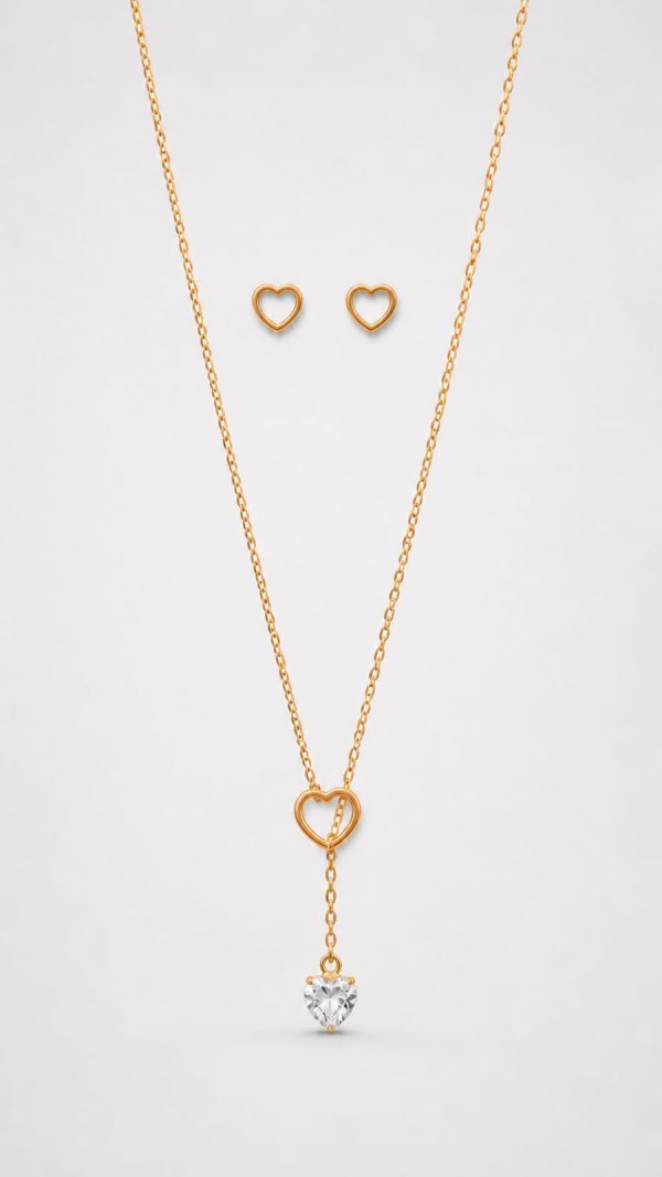 Juego cadena arete diseño corazon abierto dorado