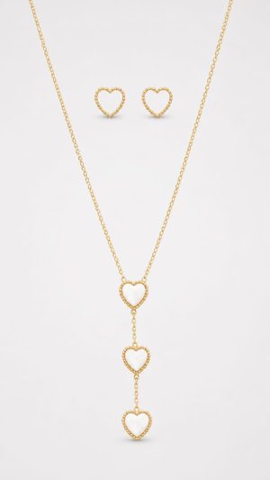 Juego cadena arete diseño corazon blanco dorado