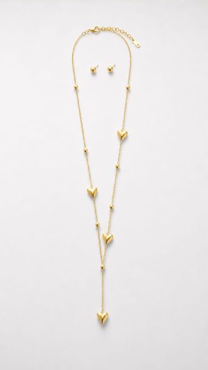 Juego cadena arete diseño corazon y esferas dorado