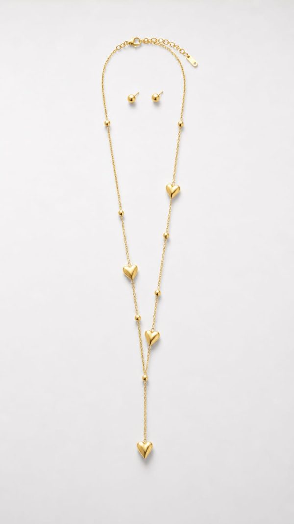 Juego cadena arete diseño corazon y esferas dorado