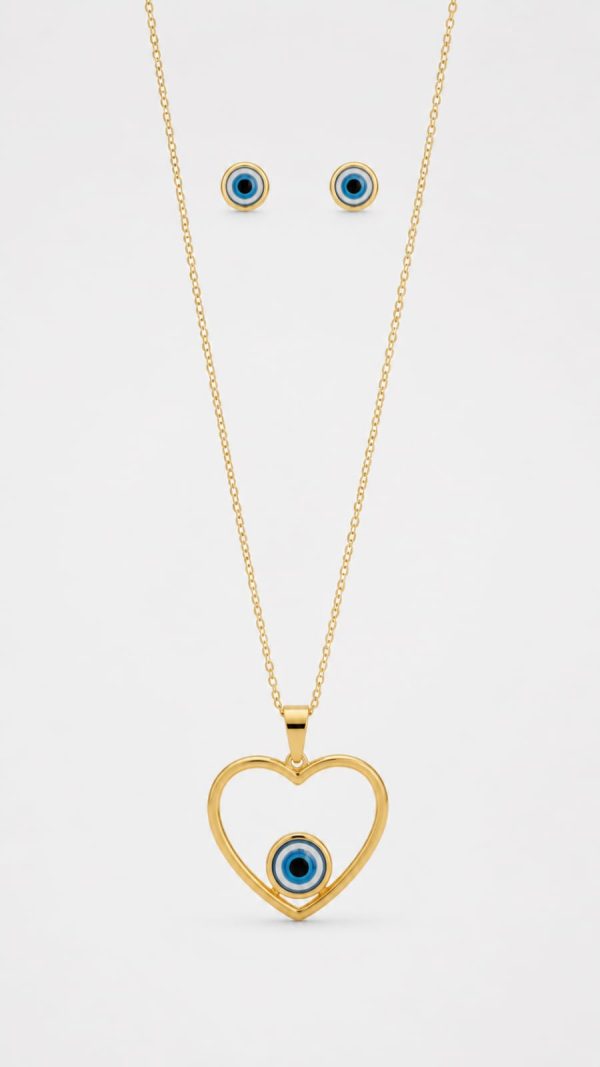 Juego cadena arete diseño corazon ojo turco dorado