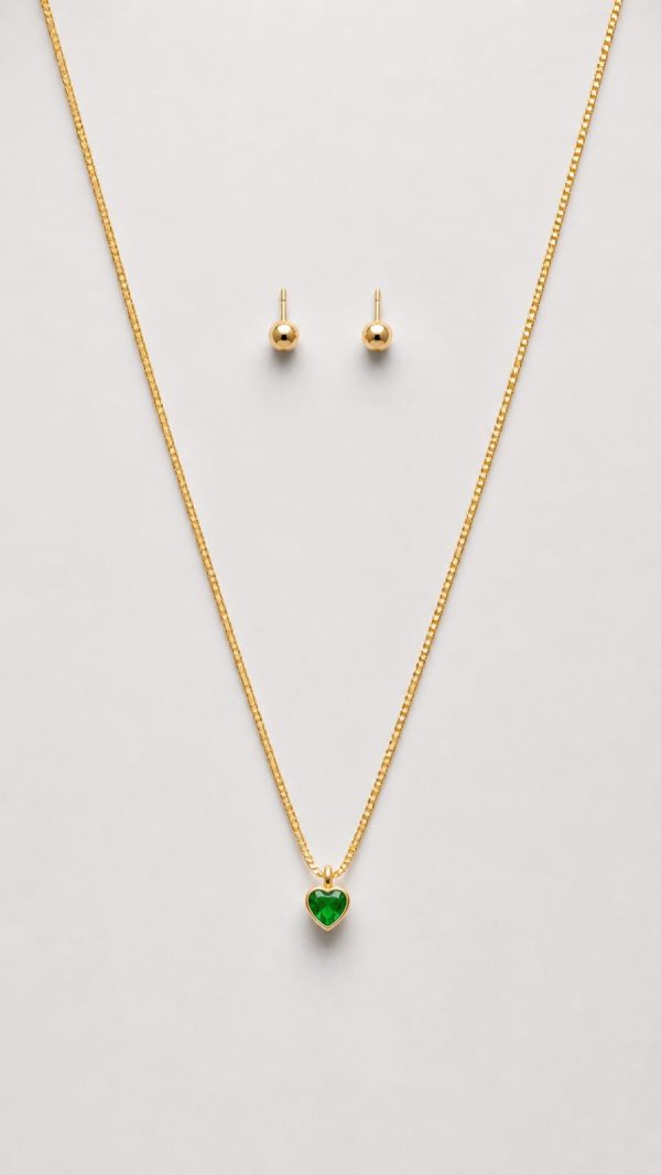 Juego cadena arete corazon pequeño (diamante,verde)