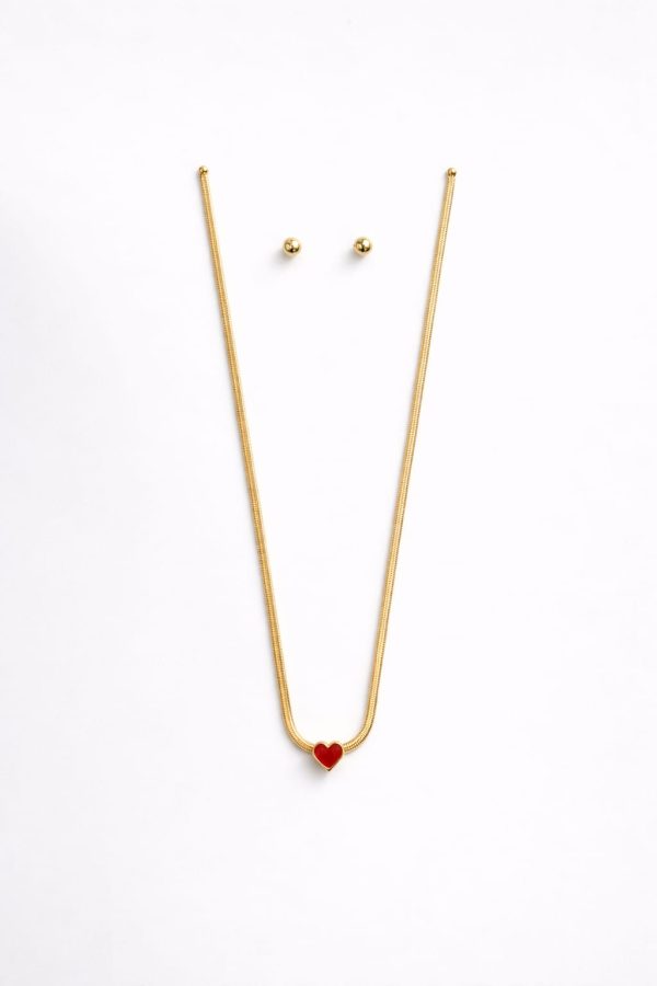 Juego cadena arete corazon rojo dorado