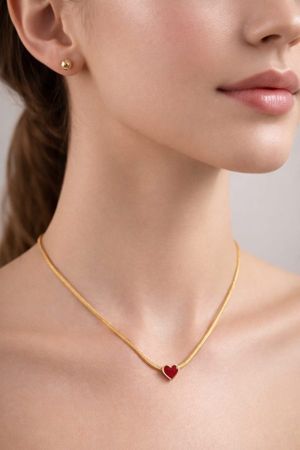 Juego cadena arete corazon rojo dorado