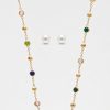 Juego cadena arete cristales redondos multicolor dorado