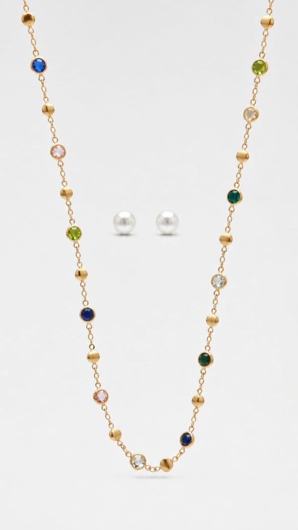 Juego cadena arete cristales redondos multicolor dorado