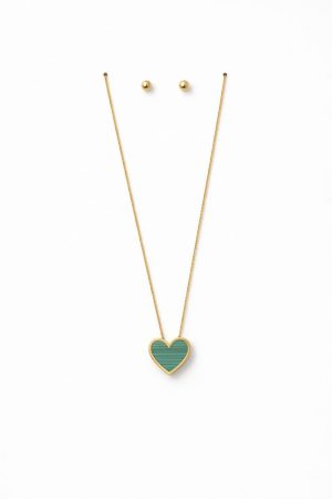 Juego cadena arete diseño corazon verde dorado