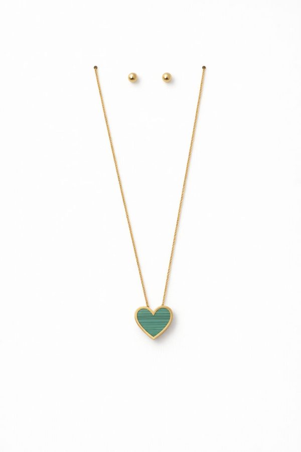 Juego cadena arete diseño corazon verde dorado