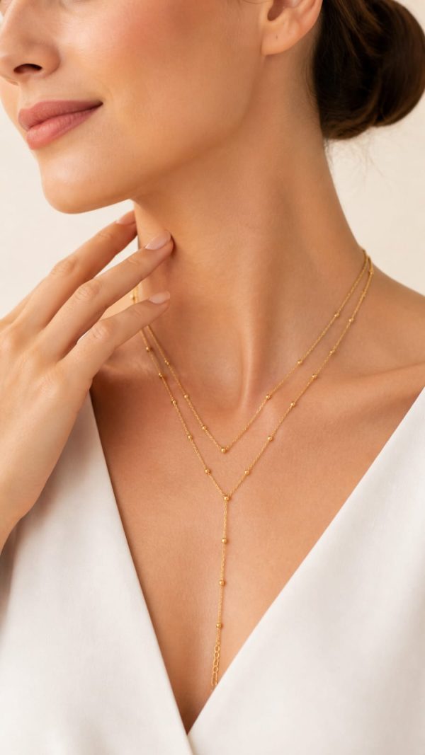 Juego cadena arete doble con delicadas esferas doradas