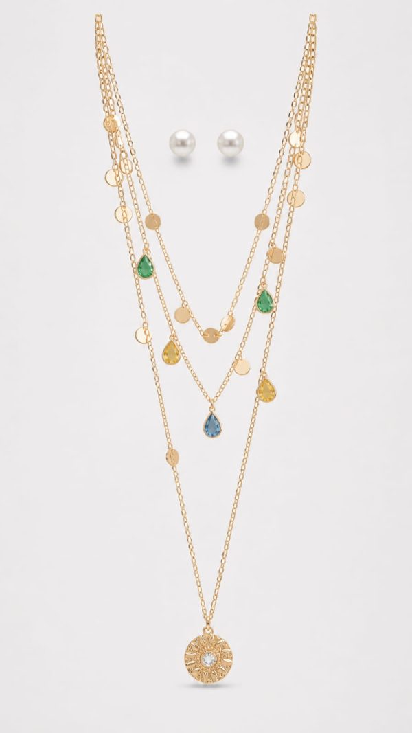 Juego cadenas finas  multicapa gotas varios colores y arete