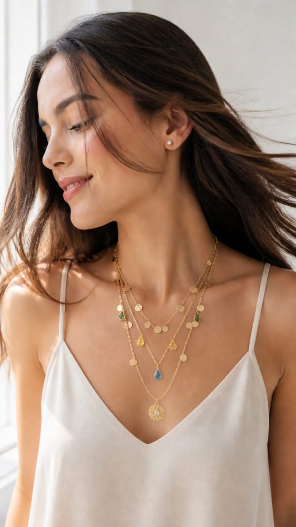 Juego cadenas finas  multicapa gotas varios colores y arete