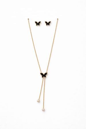 Juego cadena arete diseño mariposa en color negro