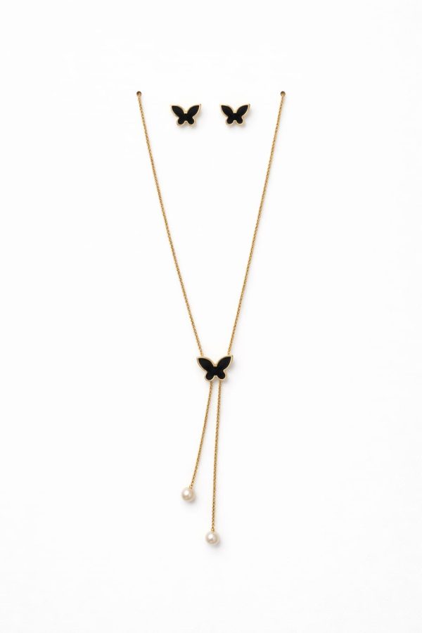 Juego cadena arete diseño mariposa en color negro