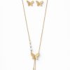 Juego cadena arete diseño mariposa con perlas dorado