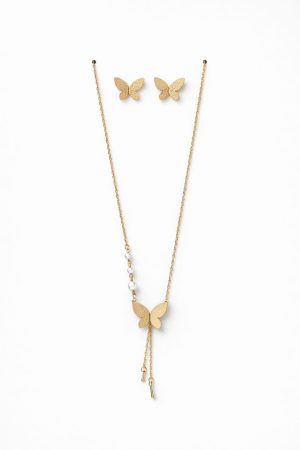 Juego cadena arete diseño mariposa con perlas dorado