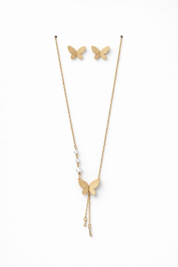 Juego cadena arete diseño mariposa con perlas dorado