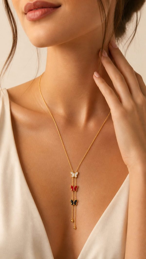 Juego cadena arete diseño mariposa dije tres colores