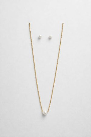 Juego cadena arete perla dorado