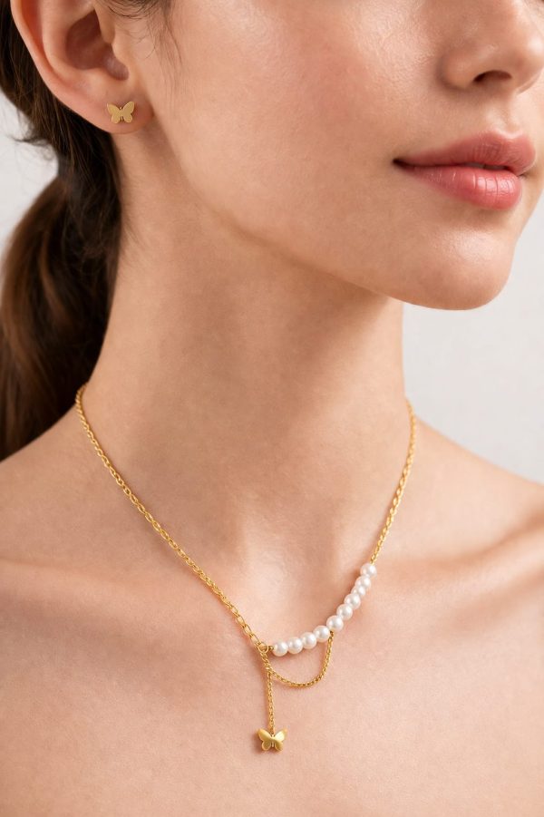 Juego cadena arete diseño perlas colgante mariposa dorado
