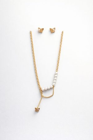 Juego cadena arete diseño perlas colgante mariposa dorado