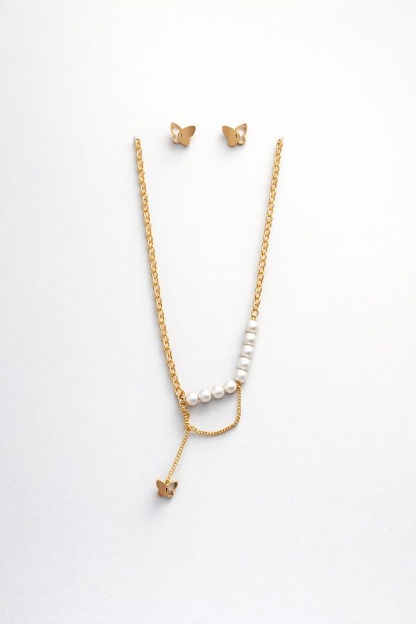 Juego cadena arete diseño perlas colgante mariposa dorado
