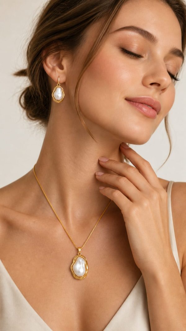 Juego cadena arete perla orgánica dorado