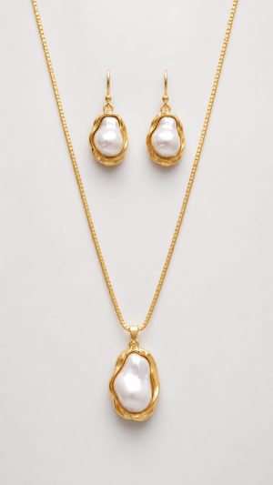 Juego cadena arete perla orgánica dorado