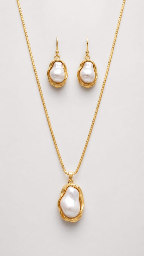 Juego cadena arete perla orgánica dorado