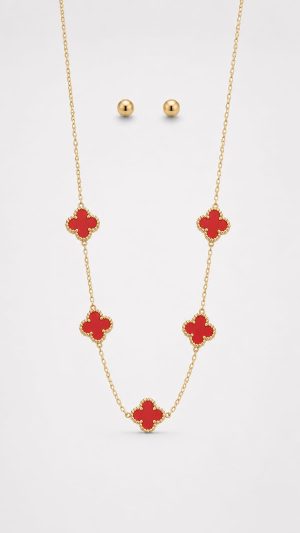 Juego cadena arete diseño varios trebol color rojo dorado