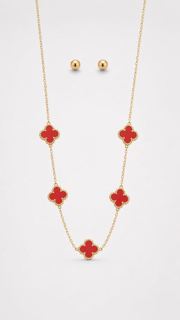 Juego cadena arete diseño varios trebol color rojo dorado