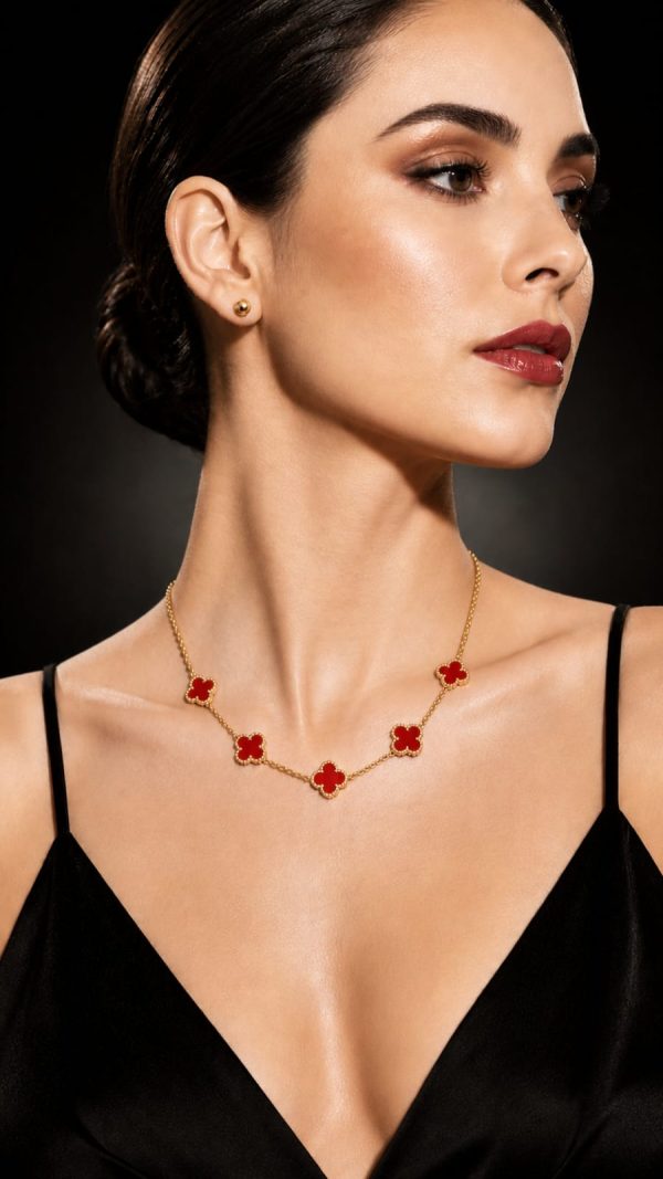 Juego cadena arete diseño varios trebol color rojo dorado