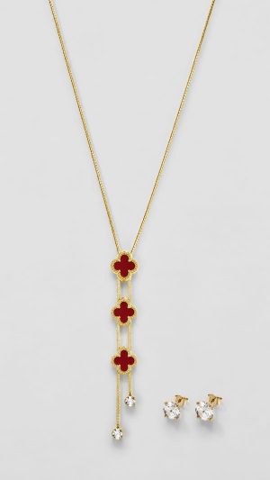 Juego cadena arete triple trébol rojo dorado
