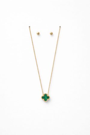 Juego cadena arete diseño un solo trébol color verde dorado
