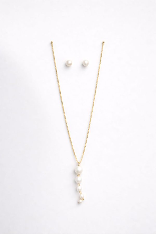 Juego cadena arete varias perlas dorado